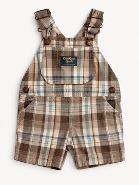 Vintage OshKosh B’gosh Shortalls 6M Plaid Baby Boy Overalls Classic Retro Summer